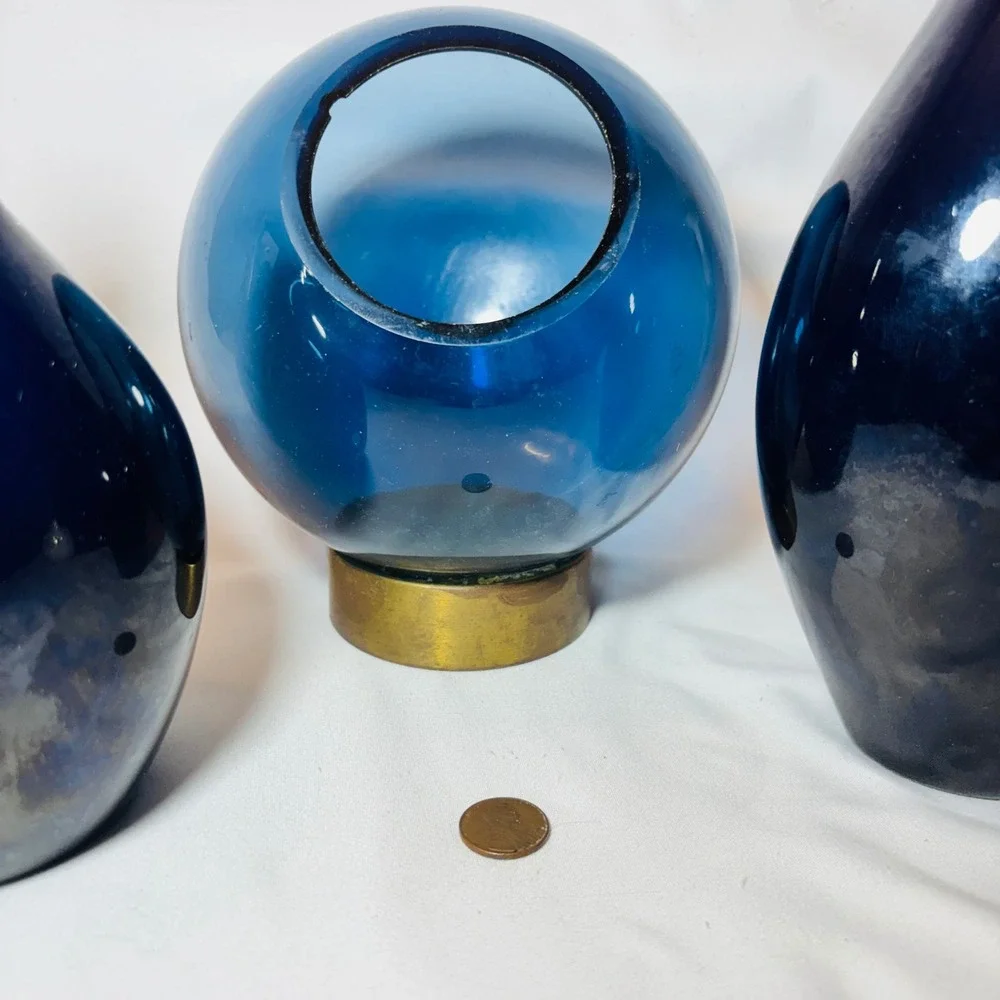 Cobalt Blue Sculptural Vase Set of 3 Orb Brass Base Modern Decor